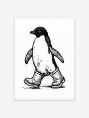 Black and white illustrative print of a penguin wearing rubber wellington boots on a plain white background