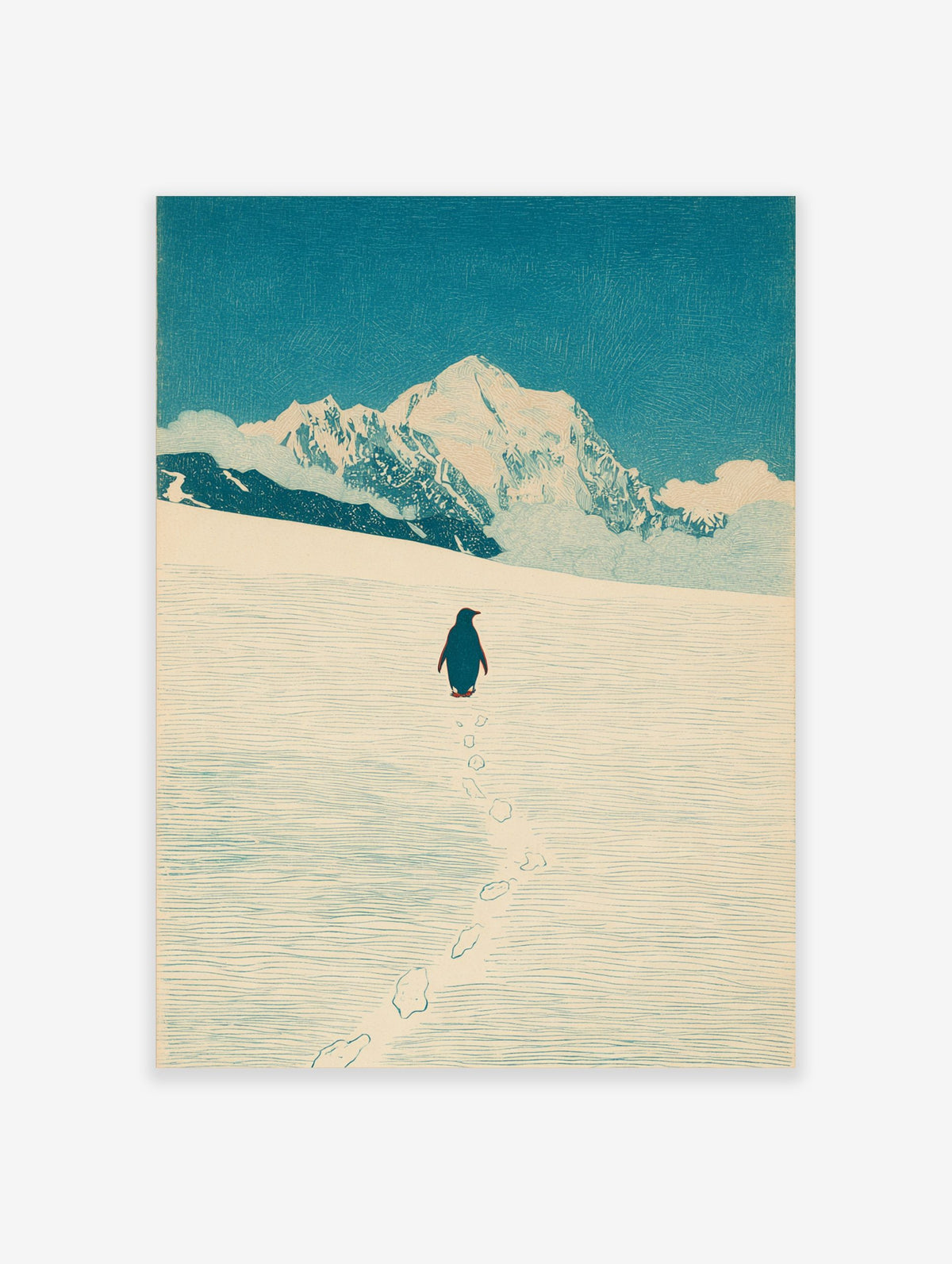 Illustrative print of a penguin walking in snow towards large, white mountains under a blue sky