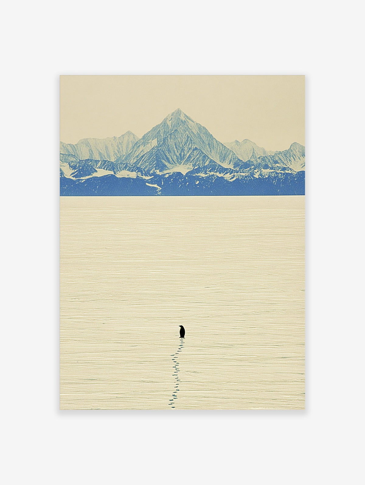 Minimalist art print of a lone black penguin on textured ice with blue and white snow mountains in background