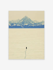 Single penguin with footprints on vast snow plain, blue mountains in background, minimalist landscape art print