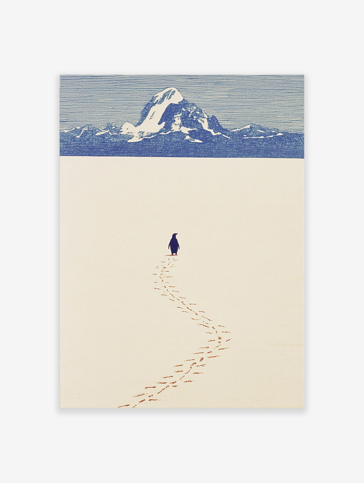 Minimalist art print of a penguin walking on a vast snow plain towards distant blue mountains under a striped sky