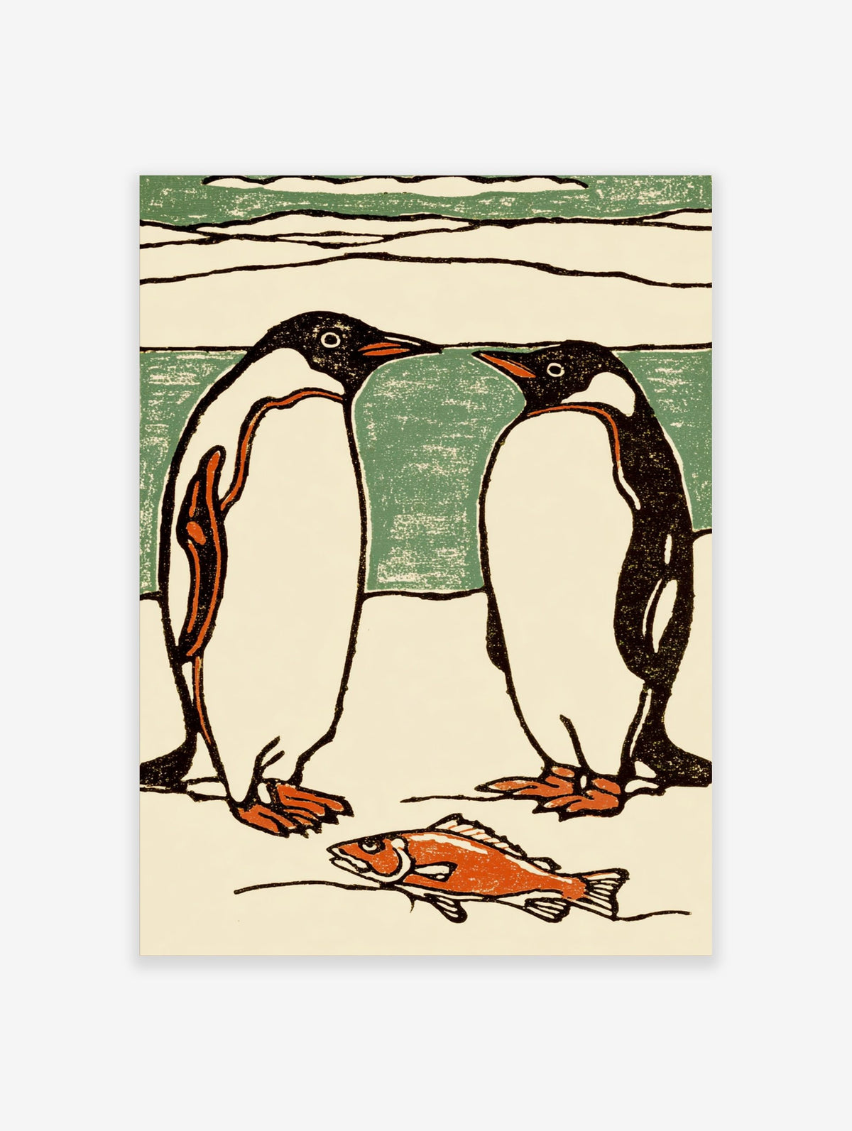 Illustrative print of two black and white penguins facing each other, with an orange fish on the ice