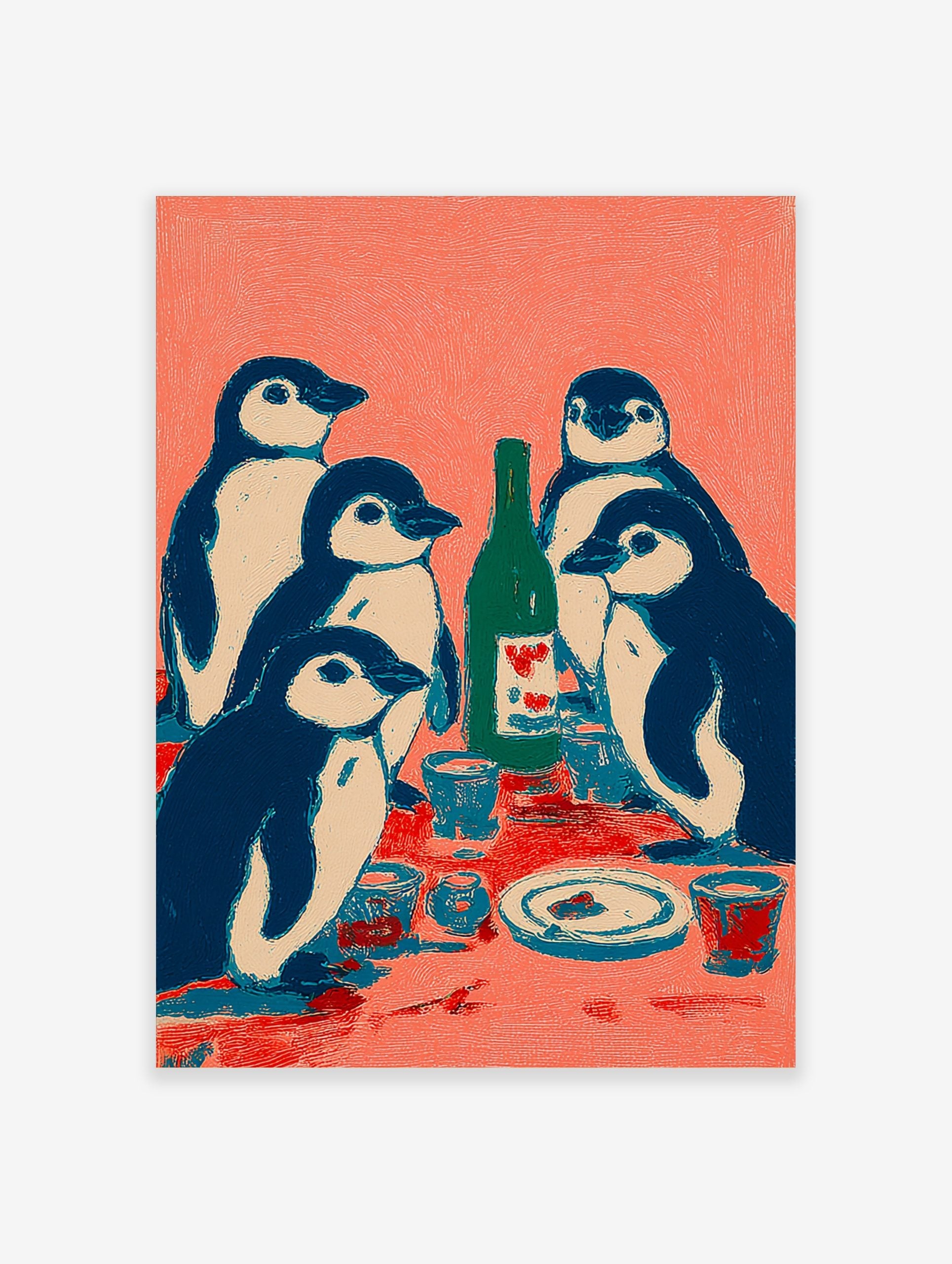 Illustrative print of five navy and white penguins at a table with a green bottle and cups on a coral background