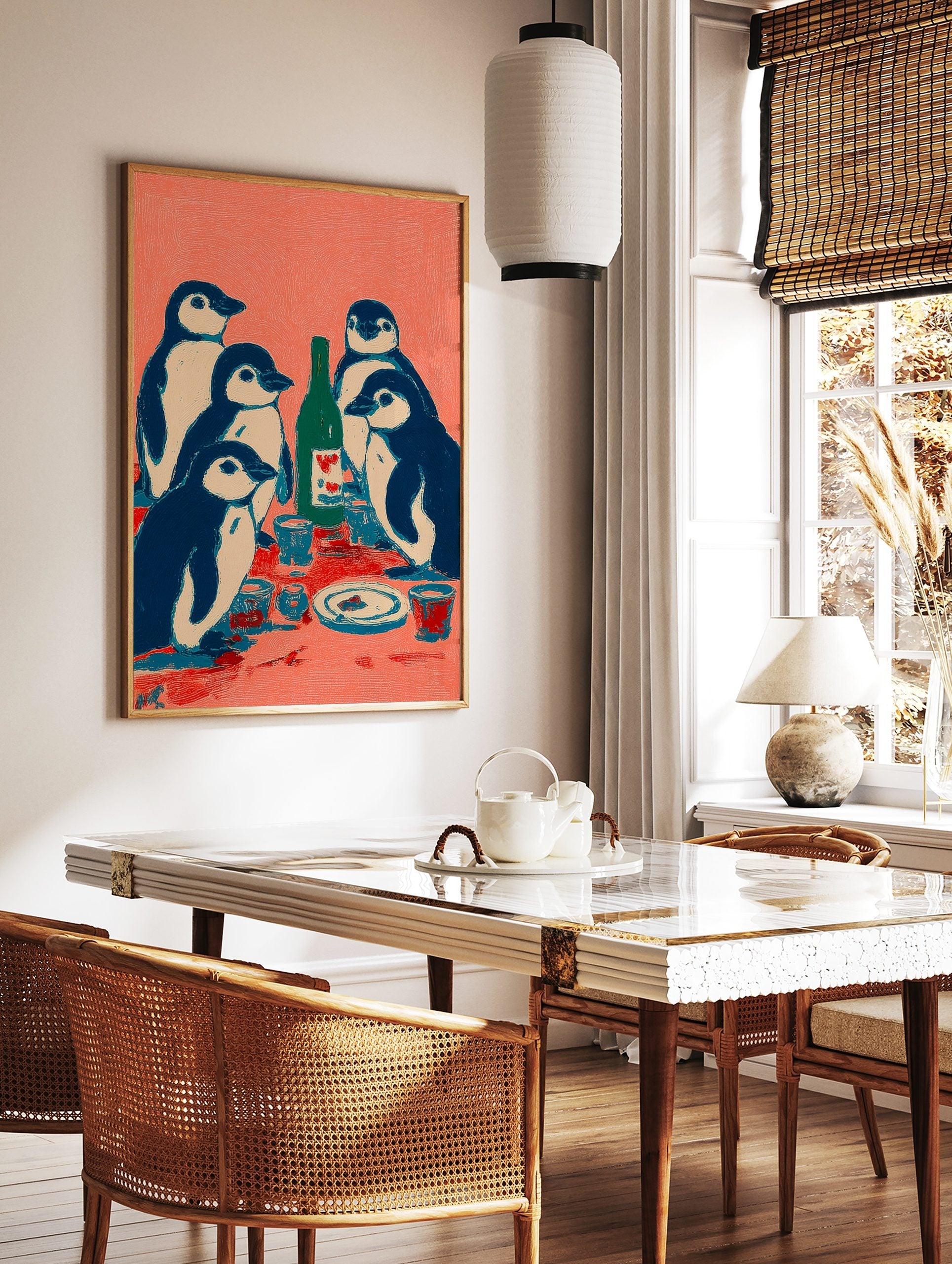 Illustrative print of five navy and white penguins at a table with a green bottle and cups on a, in a styled room mockup
