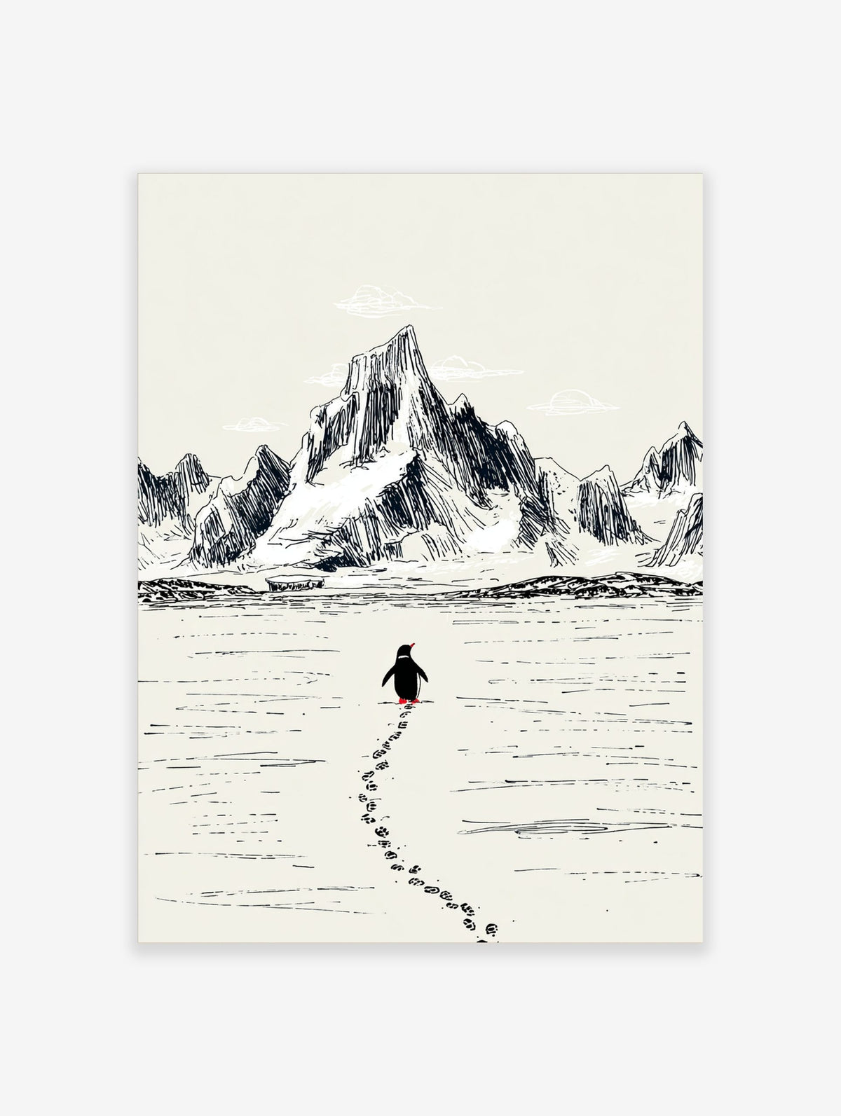 Illustrative sketch of a penguin with red beak and feet walking on ice, leaving footprints, with snow mountains