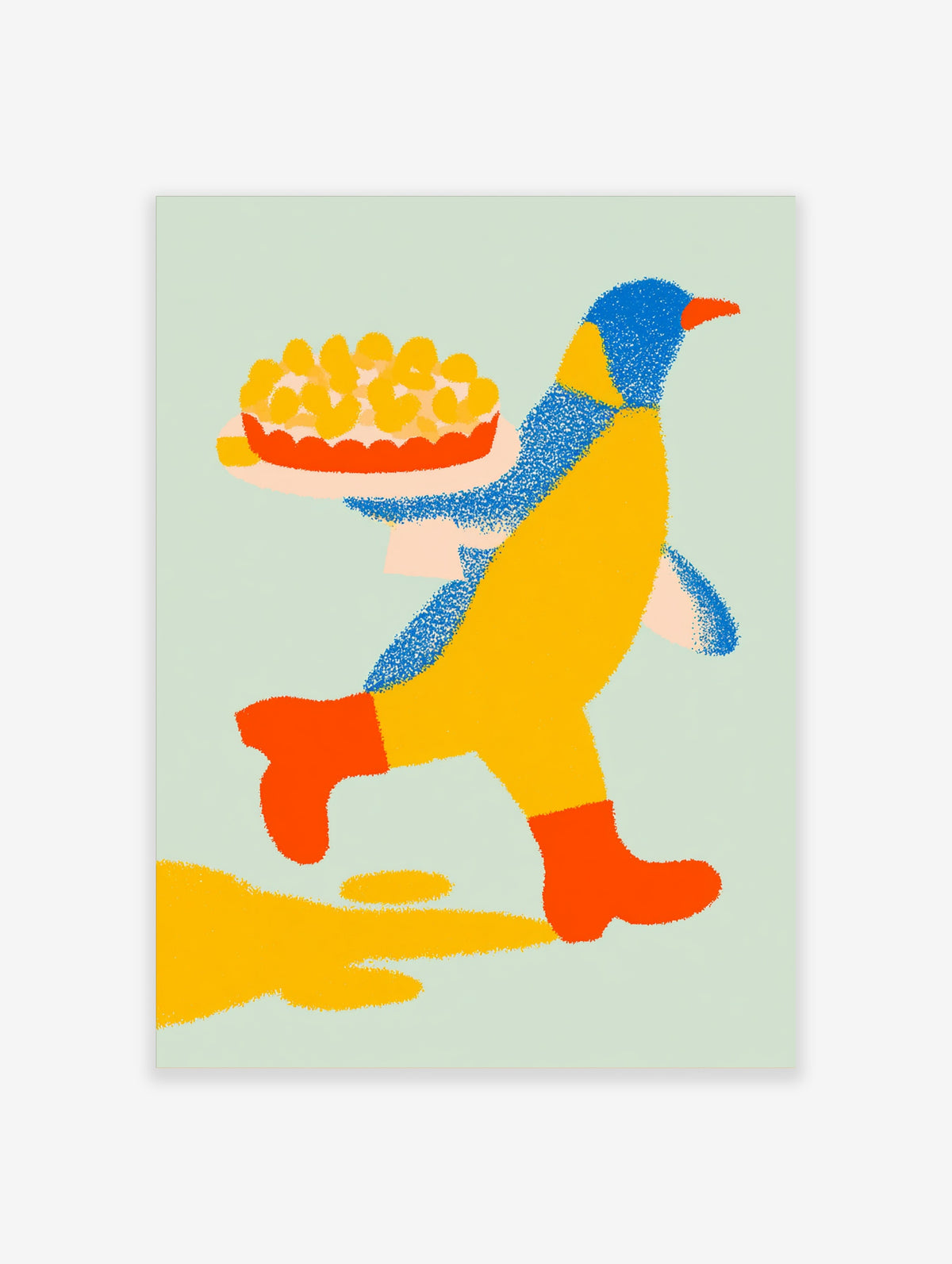 Colourful penguin in red boots carrying a plate of yellow food, pale green background, animal poster