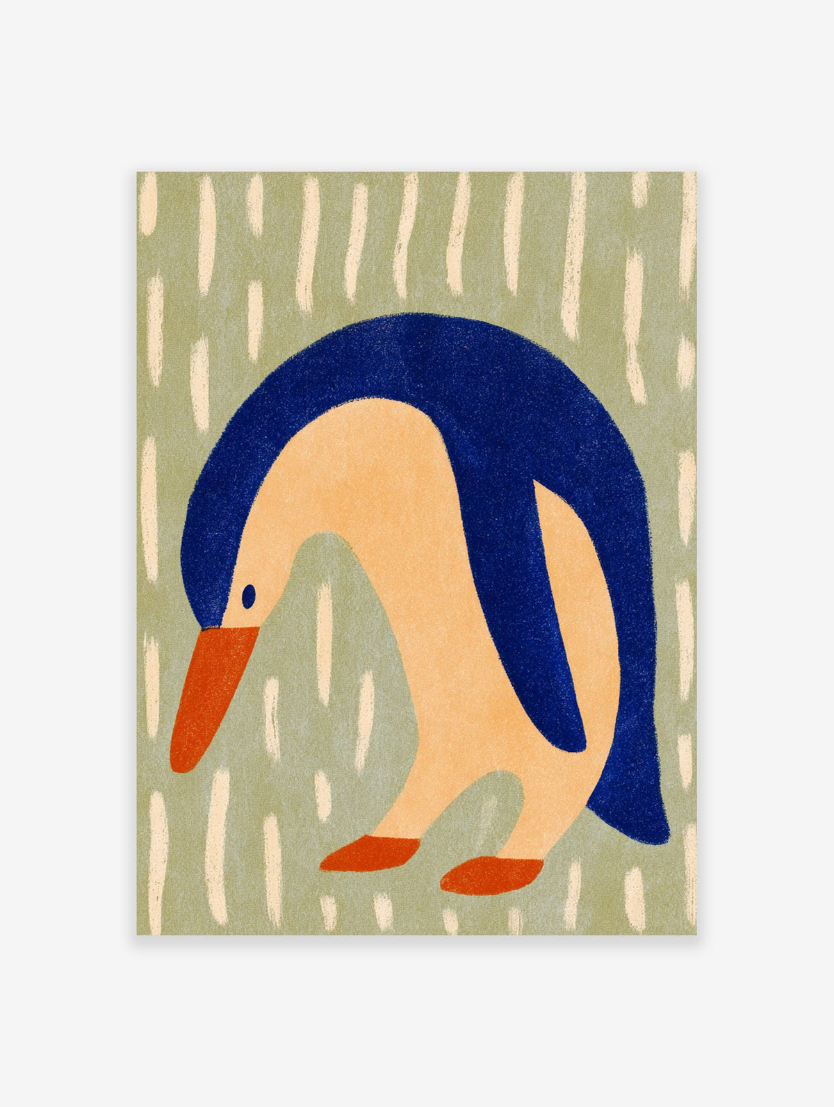 Minimalist penguin wall art with blue body and orange beak on a green background with white vertical dashes