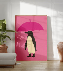 Modern penguin wall art illustration with a black and cream penguin holding a pink umbrella on a pink background. - Image 3