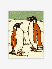 Illustrative print of two penguins in black, orange, and white on snow with a green background