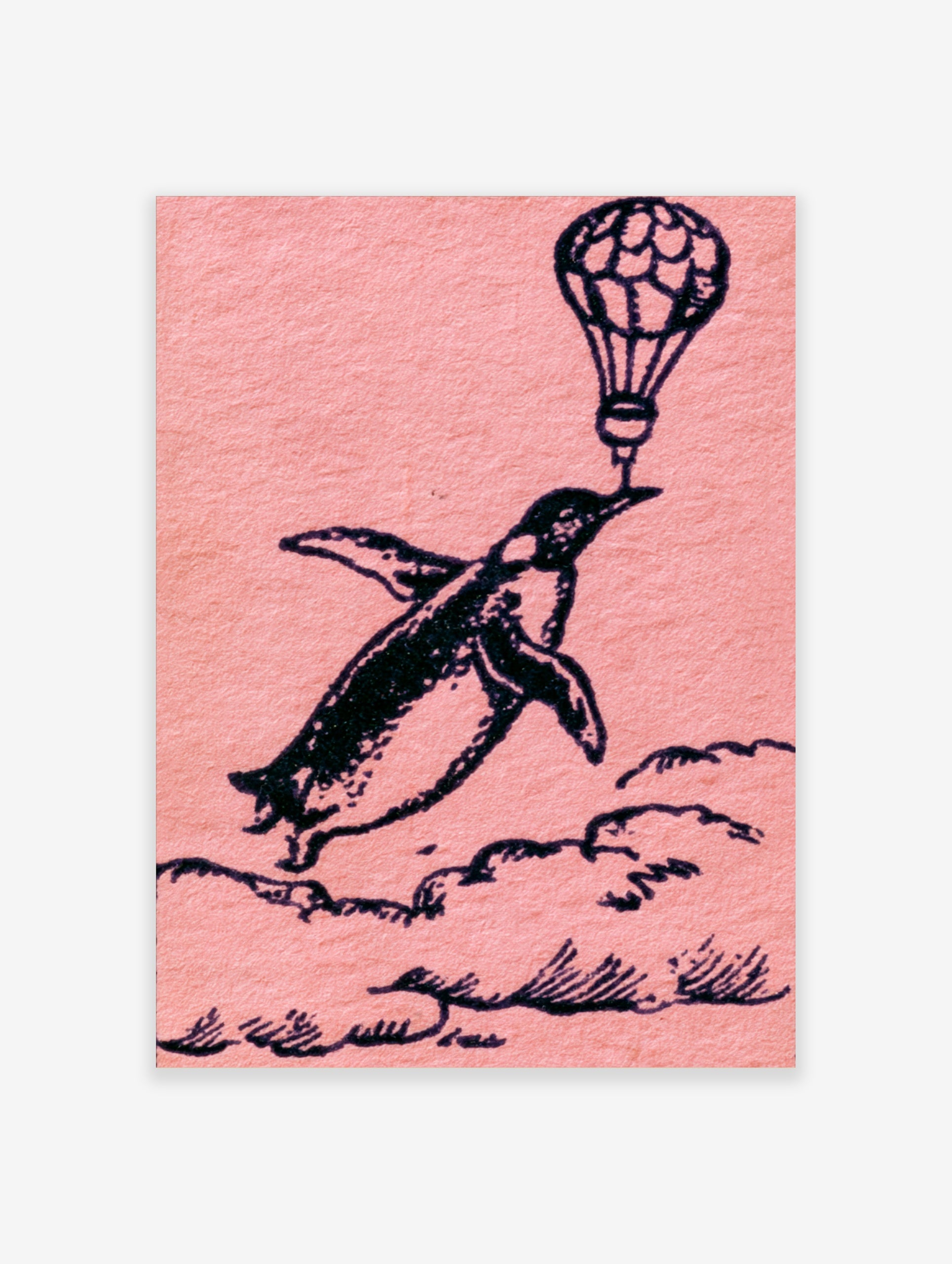 Whimsical black ink illustration of a penguin flying while holding a hot air balloon on a pink background art print