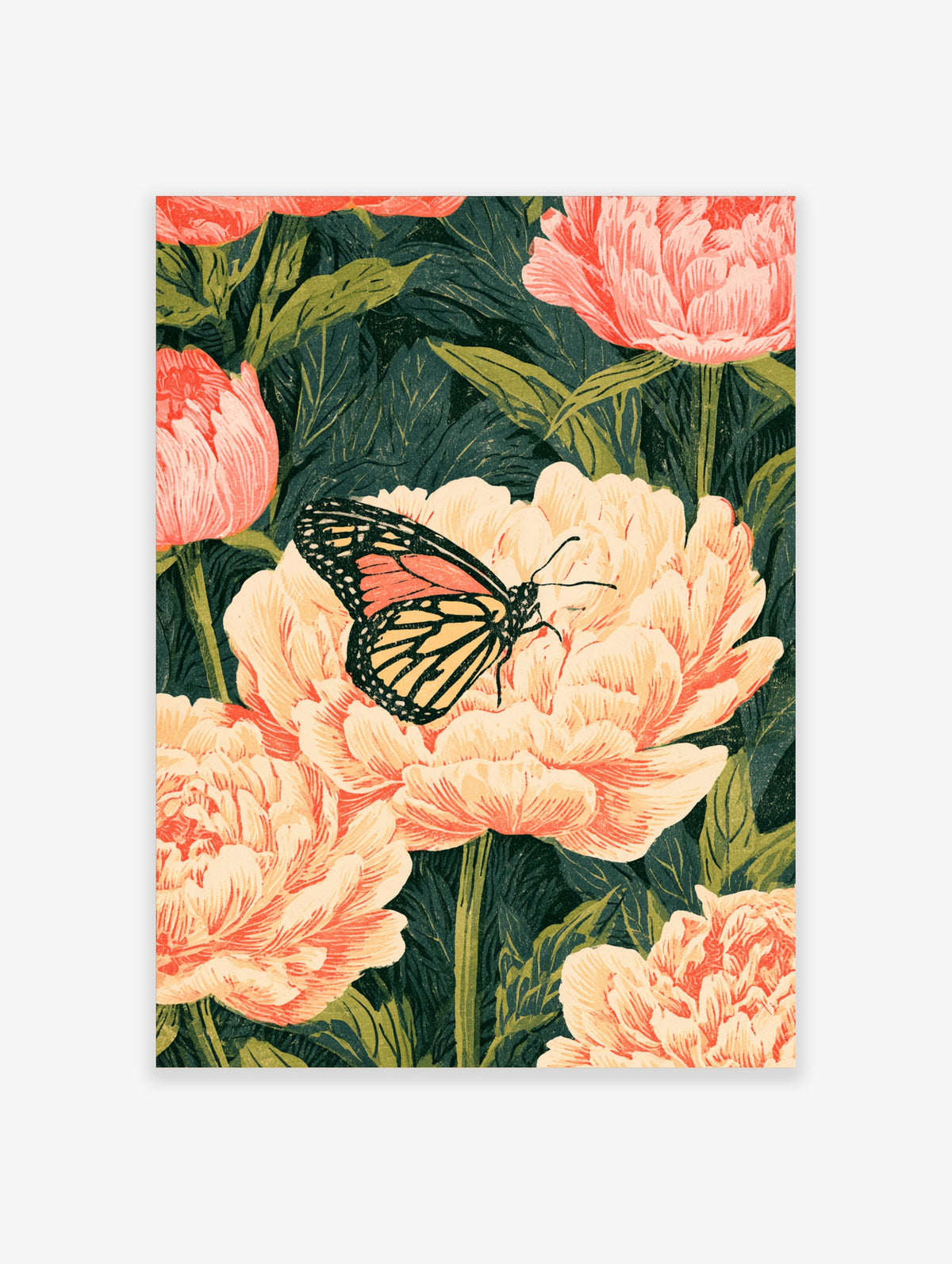 Monarch butterfly on a peach peony bloom with dark green leaves, botanical art print