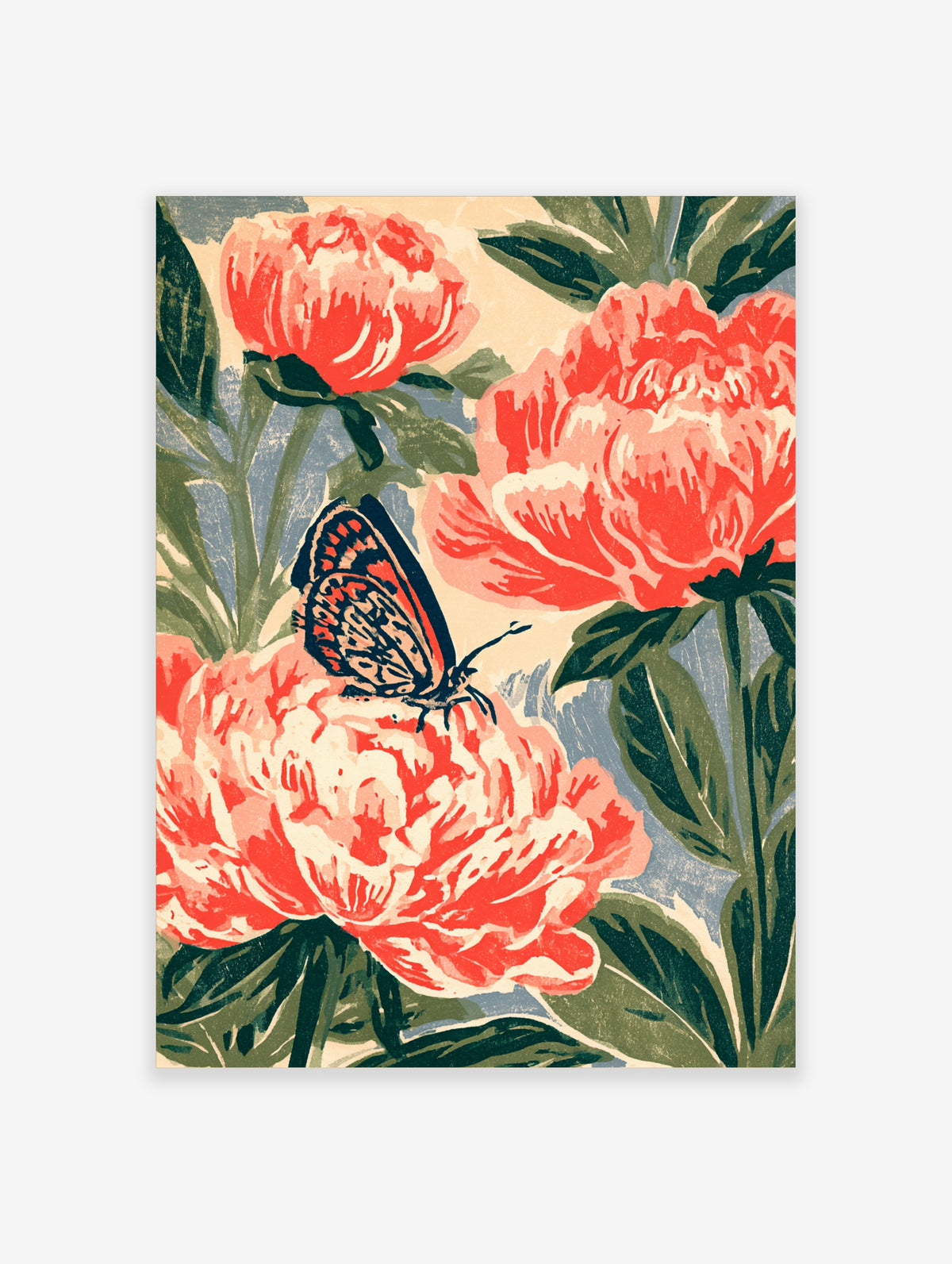Coral pink peony flowers with a patterned butterfly on a bloom, dark green leaves and muted blue background