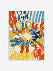 Fashion illustration print of a circle of diverse shoes and colourful clothing on a neutral background