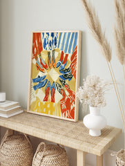 Fashion illustration print of a circle of diverse shoes and colourful clothing on a neutral, in an alternate framed mockup