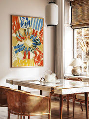 Fashion illustration print of a circle of diverse shoes and colourful clothing on a neutral, in a styled room mockup