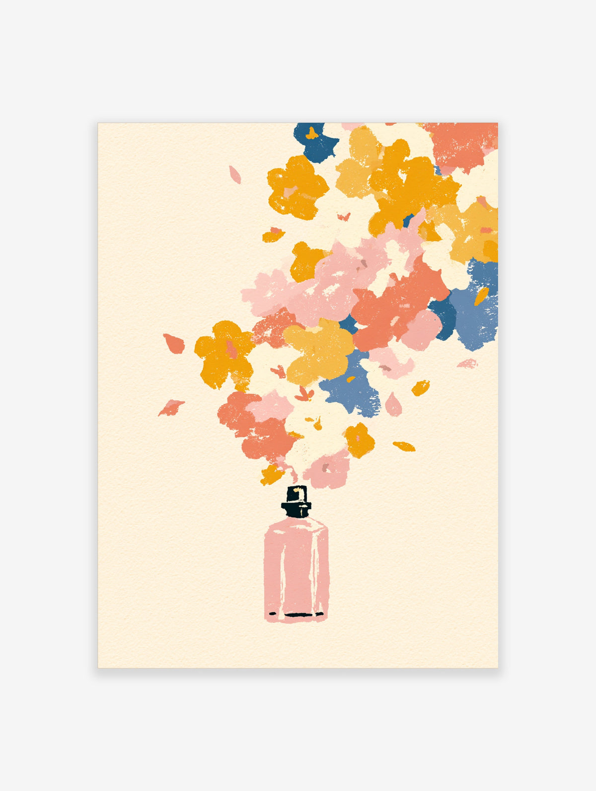 Pink perfume bottle releasing colourful floral spray art print on cream background