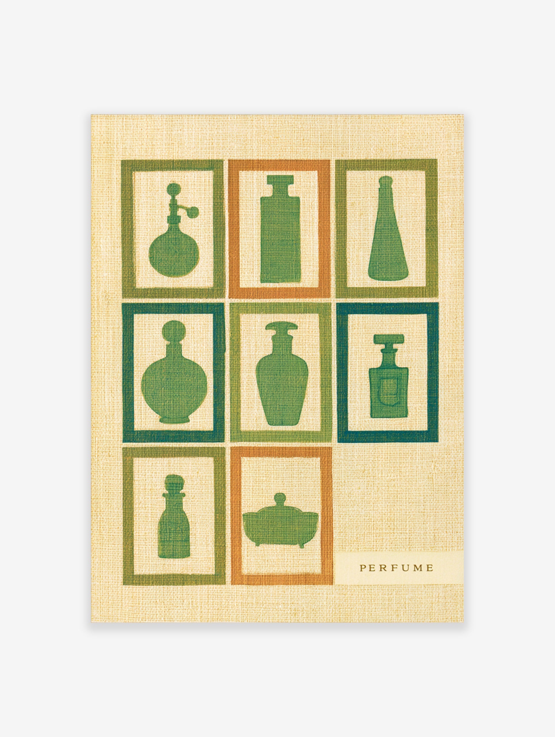 Retro perfume bottle wall art with green silhouettes in a grid, featuring vintage cosmetic glass containers on neutral paper
