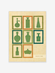 Retro perfume bottle wall art with green silhouettes in a grid, featuring vintage cosmetic glass containers on neutral paper