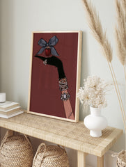 Fashion illustration of a gloved hand with bracelets holding a perfume bottle with a bow, in an alternate framed mockup