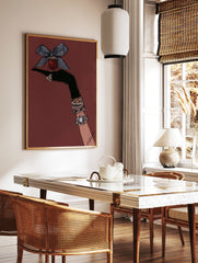 Fashion illustration of a gloved hand with bracelets holding a perfume bottle with a bow against a, in a styled room mockup