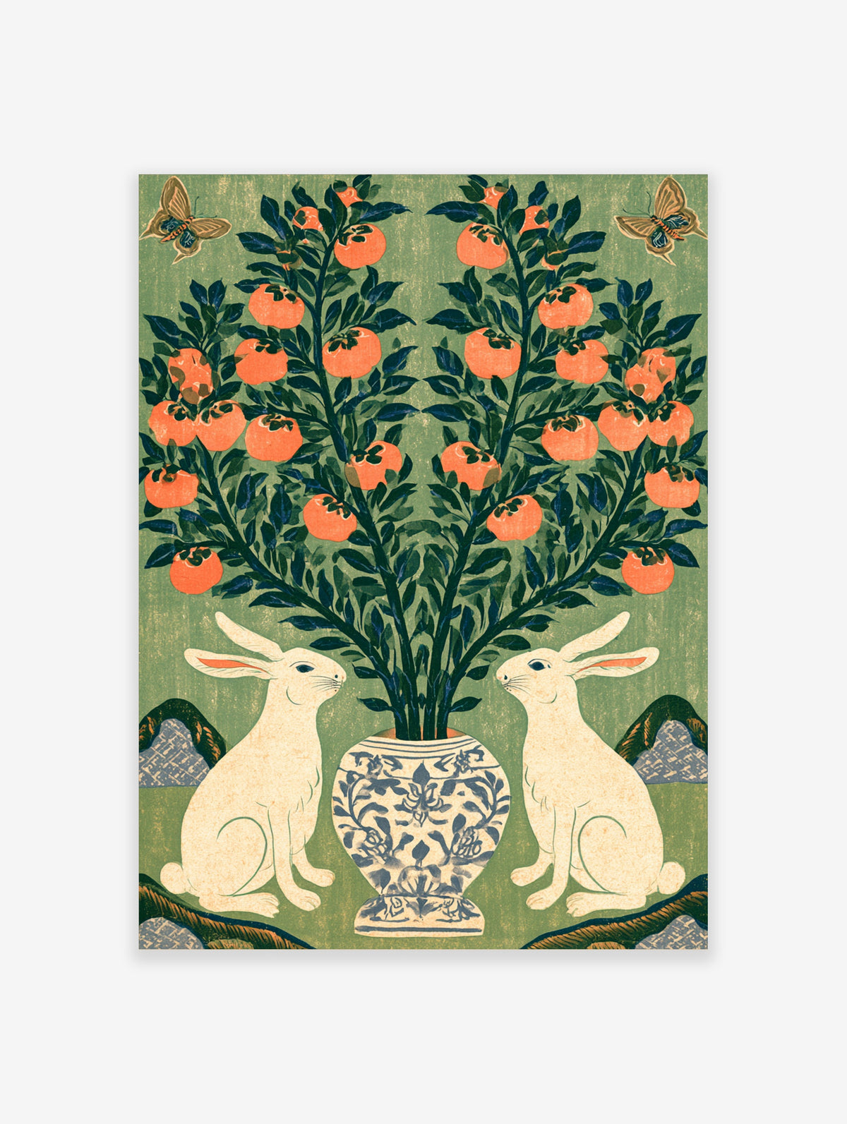 Japanese style poster of two white rabbits beside a vase of persimmon branches and butterflies on green