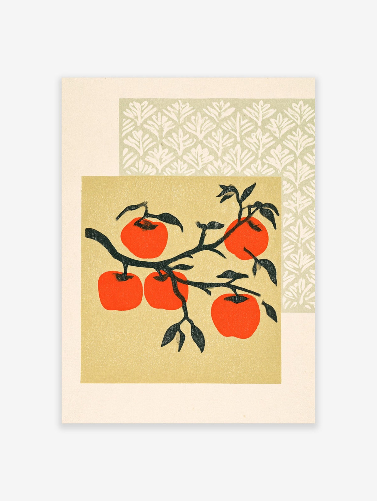 Botanical persimmon fruit illustration with orange fruit on a branch, presented as a high-quality paper art print