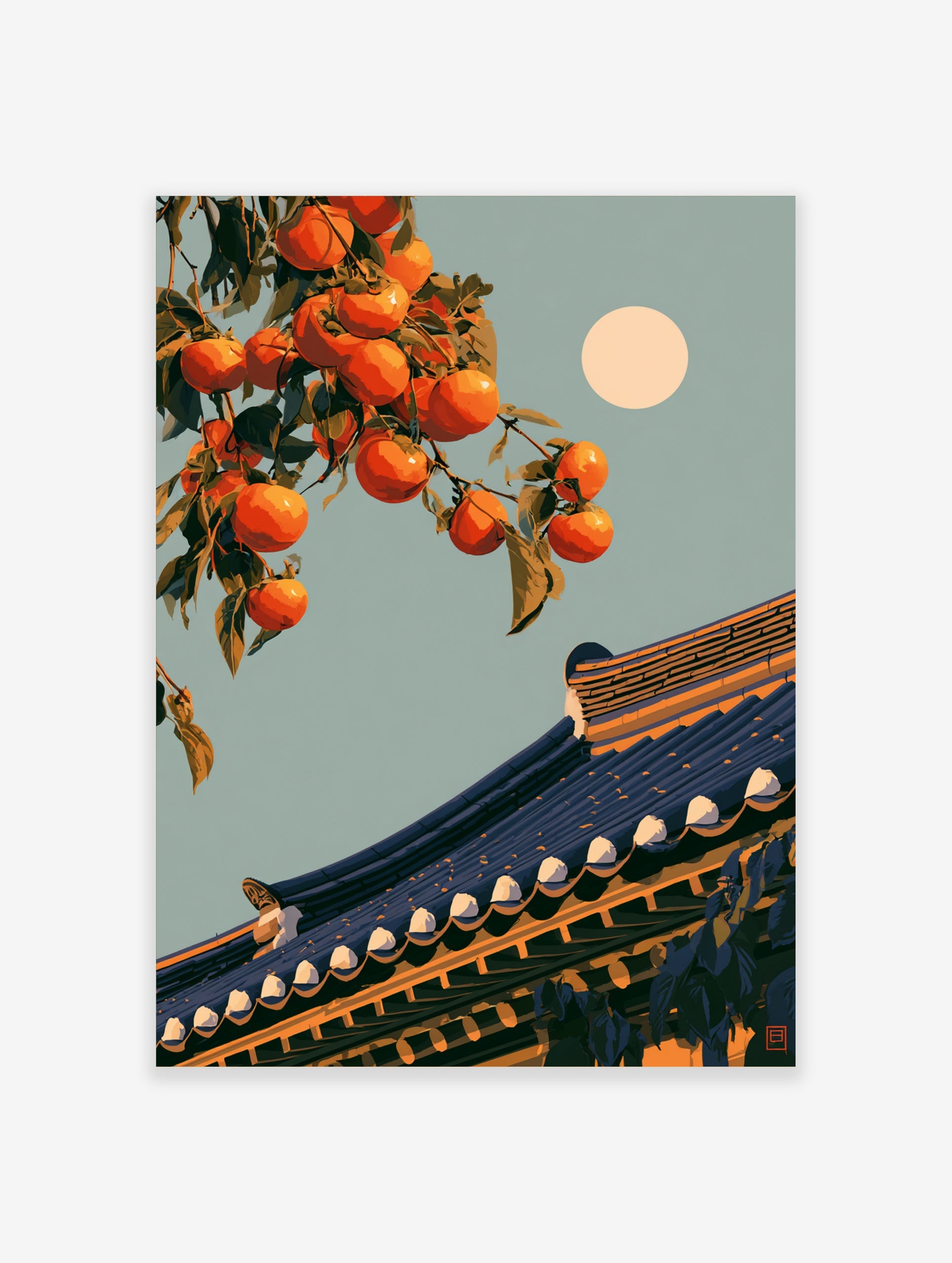 Illustrative orange persimmon fruit on a branch above a traditional tiled roof with a full moon in the sky
