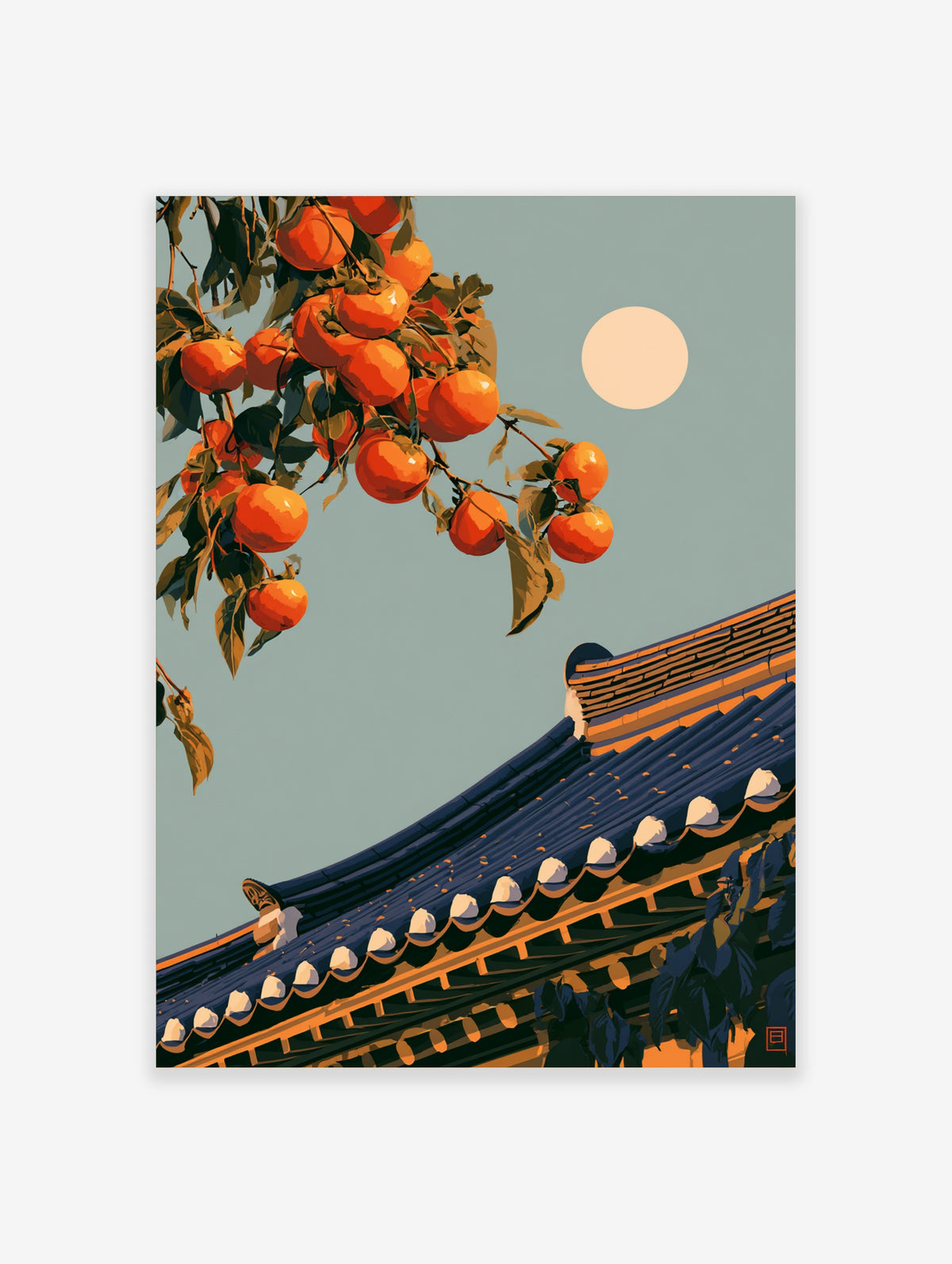 Illustrative orange persimmon fruit on a branch above a traditional tiled roof with a full moon in the sky