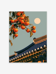 Illustrative orange persimmon fruit on a branch above a traditional tiled roof with a full moon in the sky