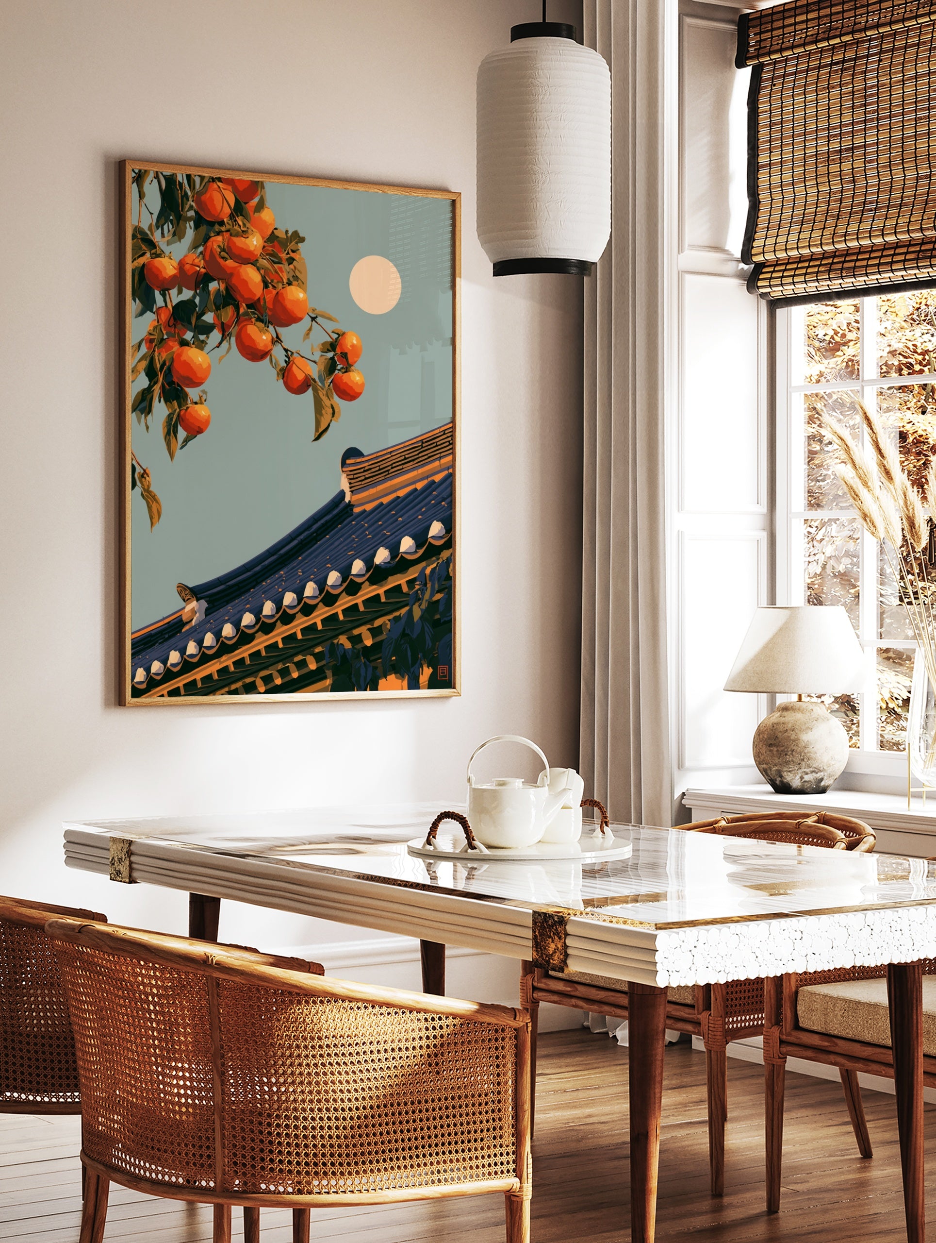 Illustrative orange persimmon fruit on a branch above a traditional tiled roof with a full moon in, in a styled room mockup