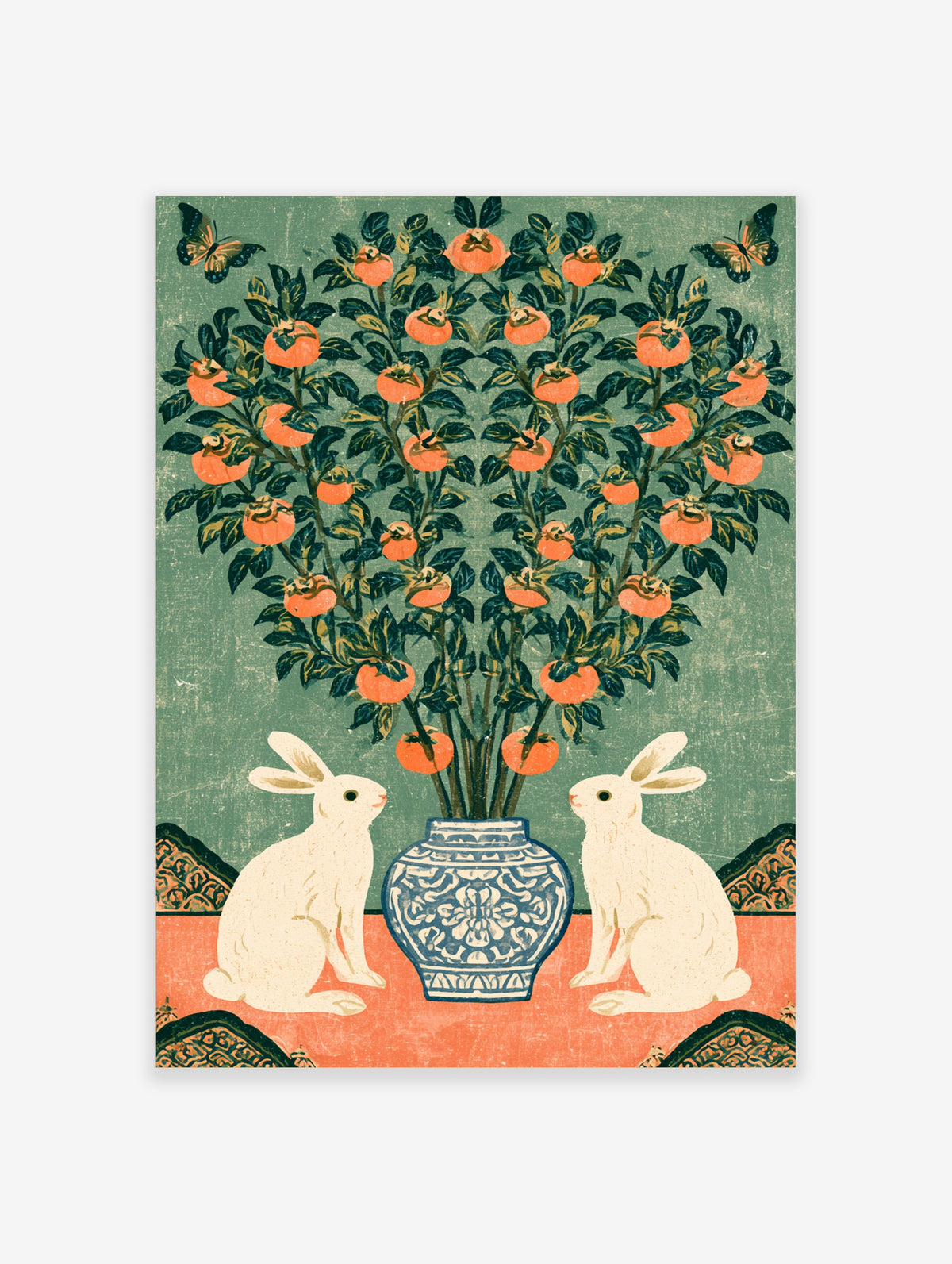 Persimmon tree art print with two white rabbits, blue vase, orange fruit and butterflies