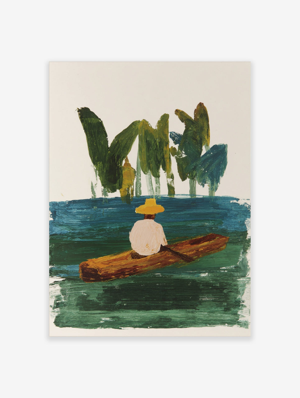 Illustrative painting of person in yellow hat in wooden boat on green-blue water with green foliage