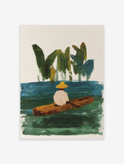 Illustrative painting of person in yellow hat in wooden boat on green-blue water with green foliage