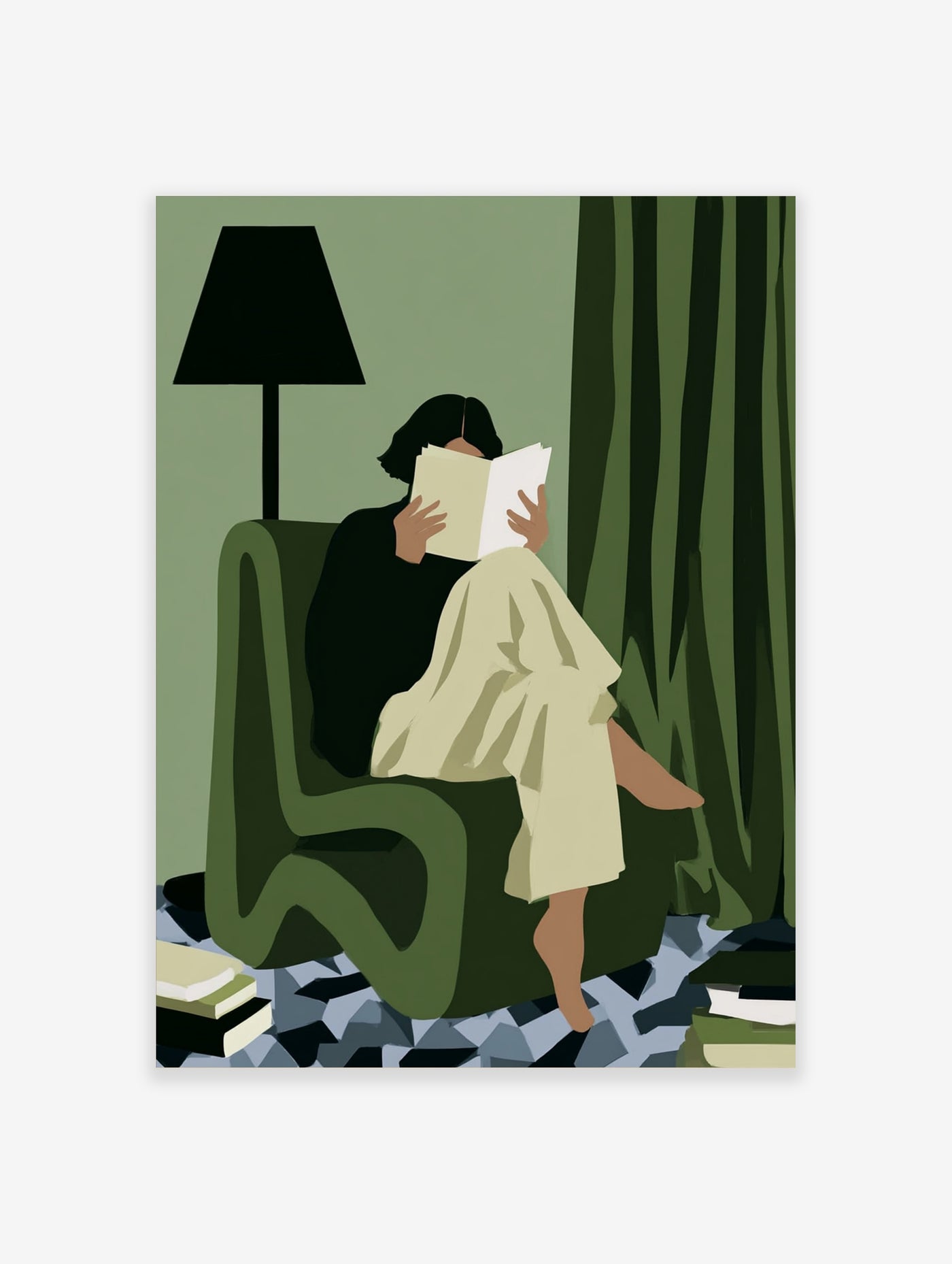 Minimalist illustration of a person sitting in a green chair reading a book, with curtains and a lamp in the background