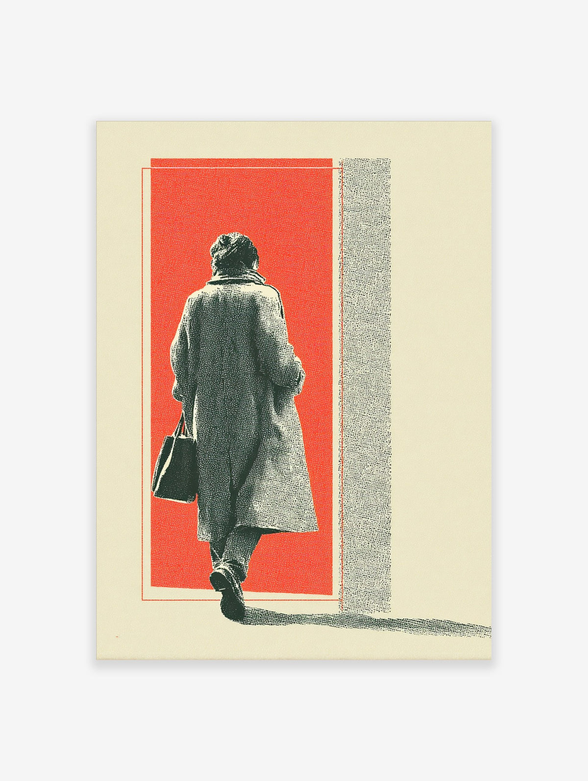 Figure in long coat walking into red background with halftone texture and cream border