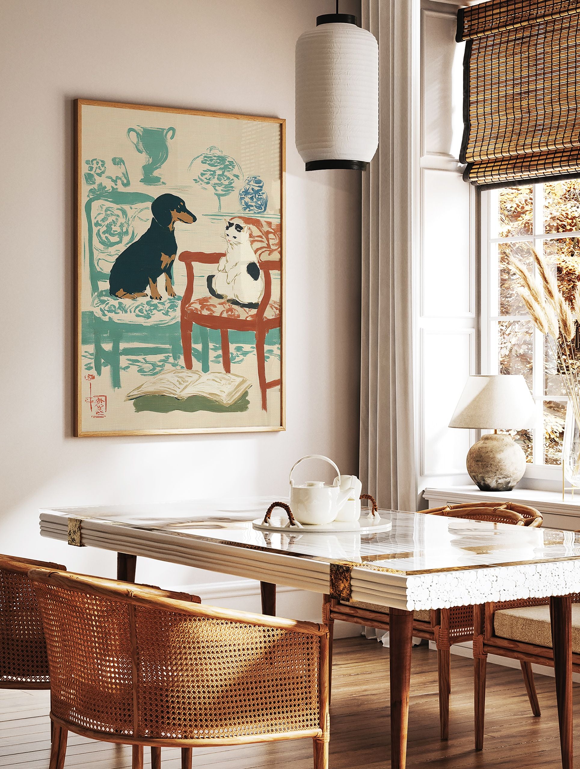 Illustrative pet wall art showing a black dog and a white cat on chairs, with an open book on the floor. - Image 2