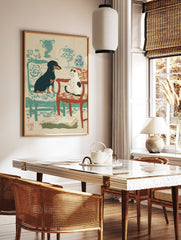 Illustrative pet wall art showing a black dog and a white cat on chairs, with an open book on the floor. - Image 2