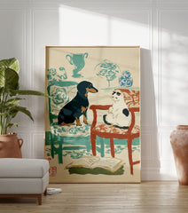 Illustrative pet wall art showing a black dog and a white cat on chairs, with an open book on the floor. - Image 3