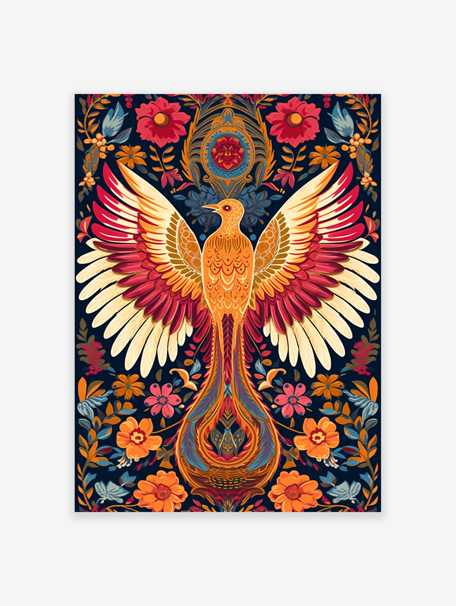 Vibrant Phoenix poster with outstretched wings, detailed in orange and red, surrounded by illustrative folk art floral patterns.