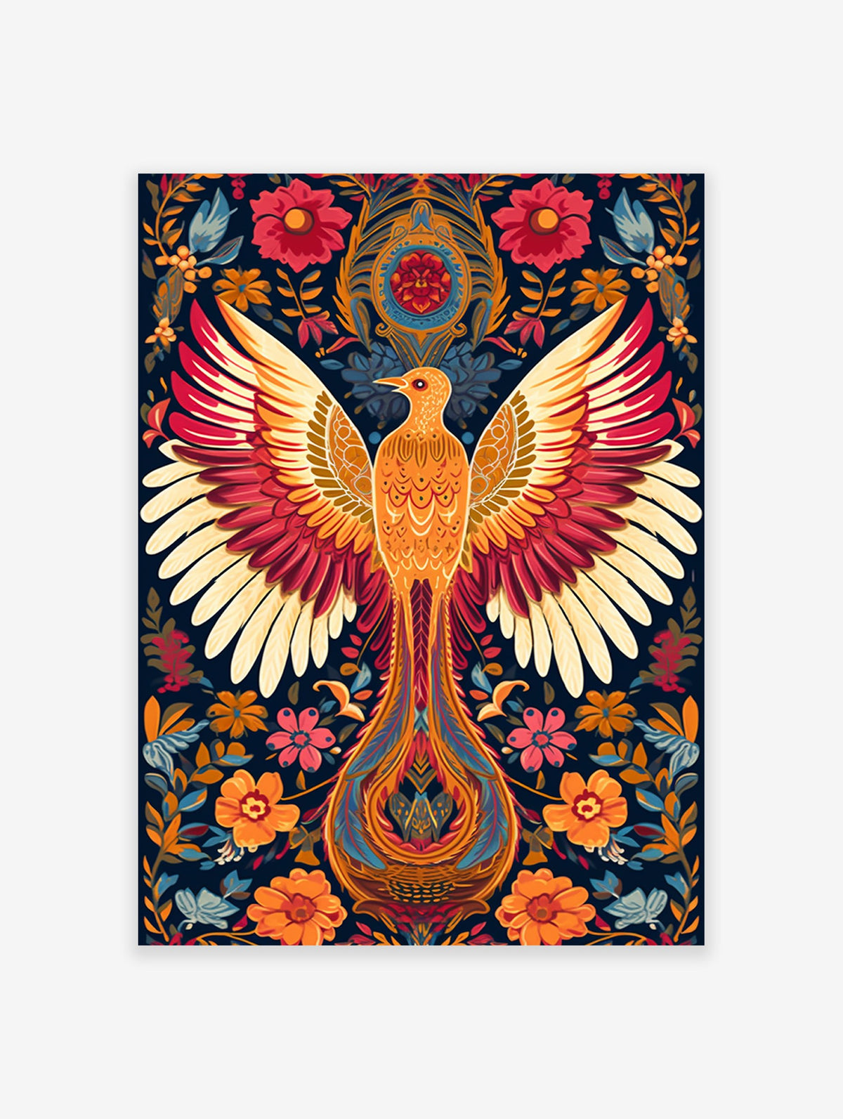 Vibrant Phoenix poster with outstretched wings, detailed in orange and red, surrounded by illustrative folk art floral patterns.