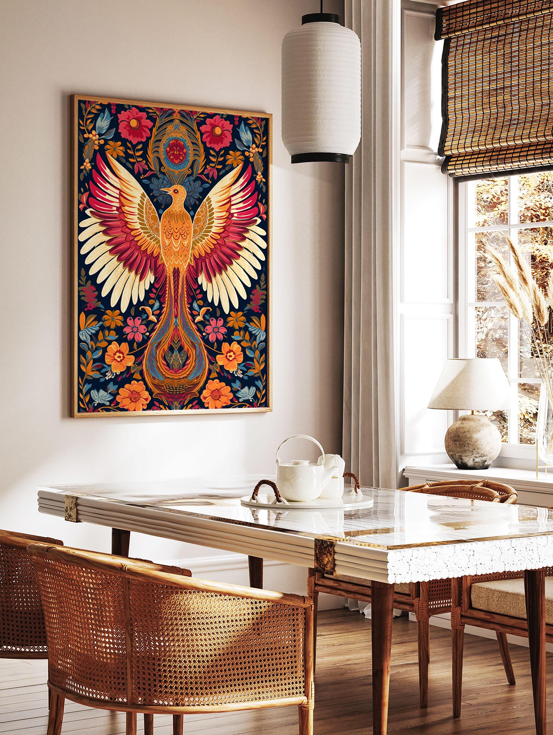 Vibrant Phoenix poster with outstretched wings, detailed in orange and red, surrounded by illustrative folk art floral patterns. - Image 2