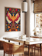 Vibrant Phoenix poster with outstretched wings, detailed in orange and red, surrounded by illustrative folk art floral patterns. - Image 2