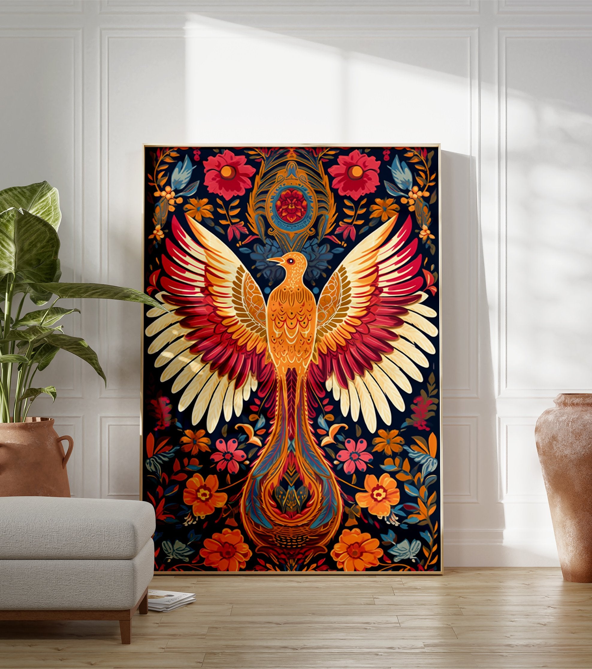 Vibrant Phoenix poster with outstretched wings, detailed in orange and red, surrounded by illustrative folk art floral patterns. - Image 3