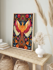 Vibrant Phoenix poster with outstretched wings, detailed in orange and red, surrounded by illustrative folk art floral patterns. - Image 4