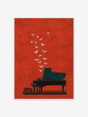 Illustrative art print of a grand piano with white birds flying upwards on a textured red-orange background