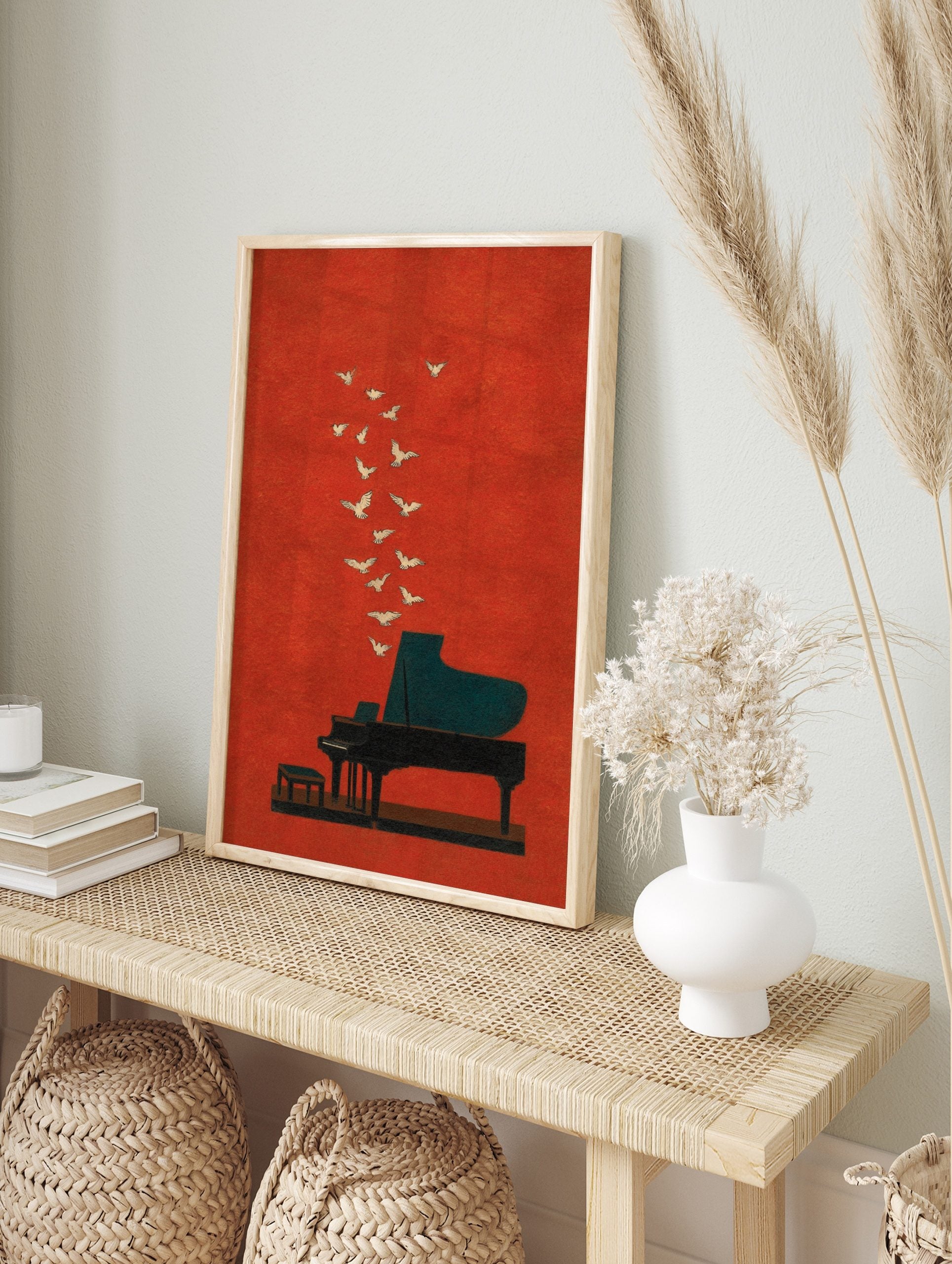 Illustrative art print of a grand piano with white birds flying upwards on a textured, in an alternate framed mockup