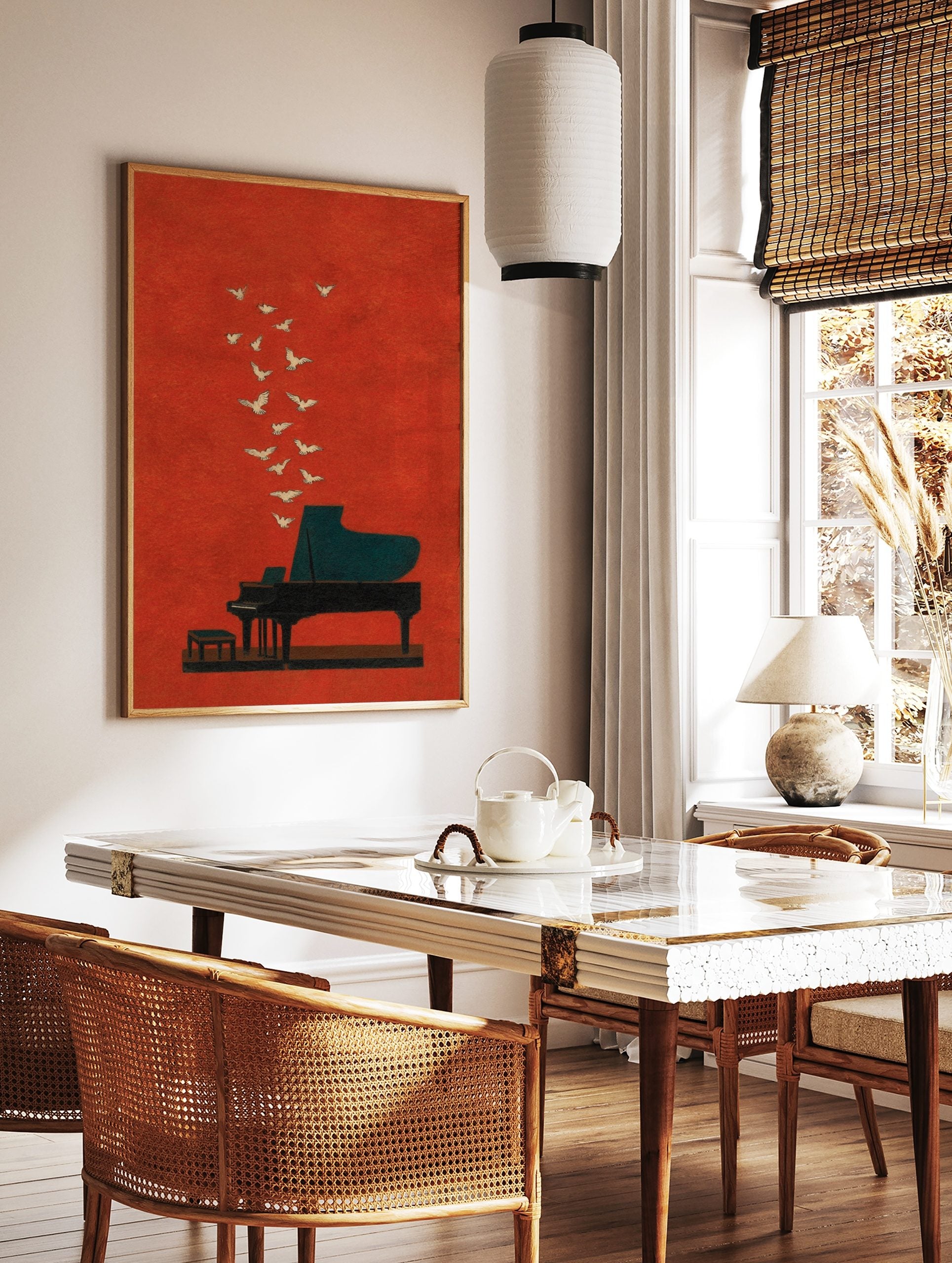 Illustrative art print of a grand piano with white birds flying upwards on a textured red-orange, in a styled room mockup