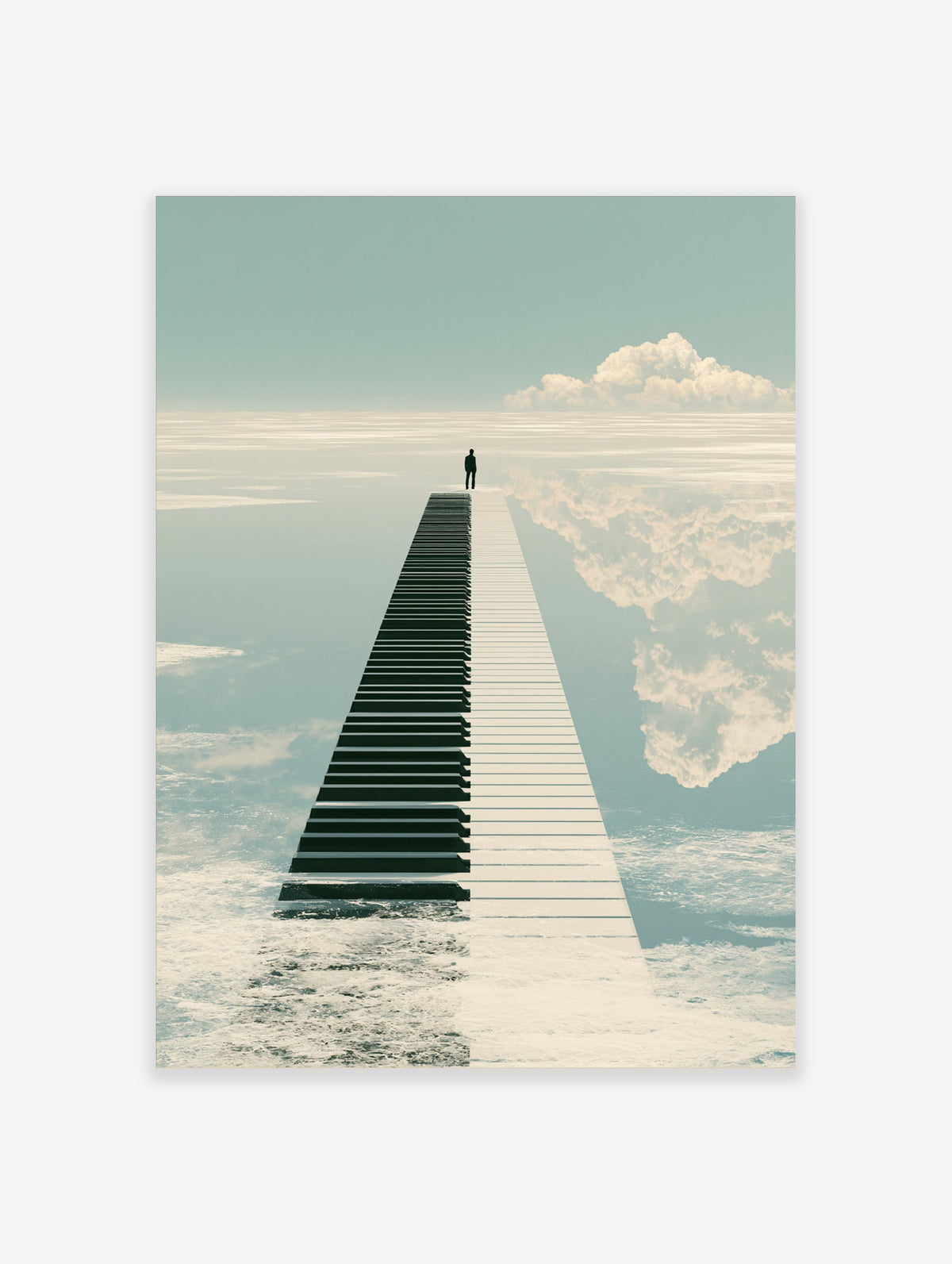 Surreal piano bridge art print with lone figure on reflective sea, minimalist music poster