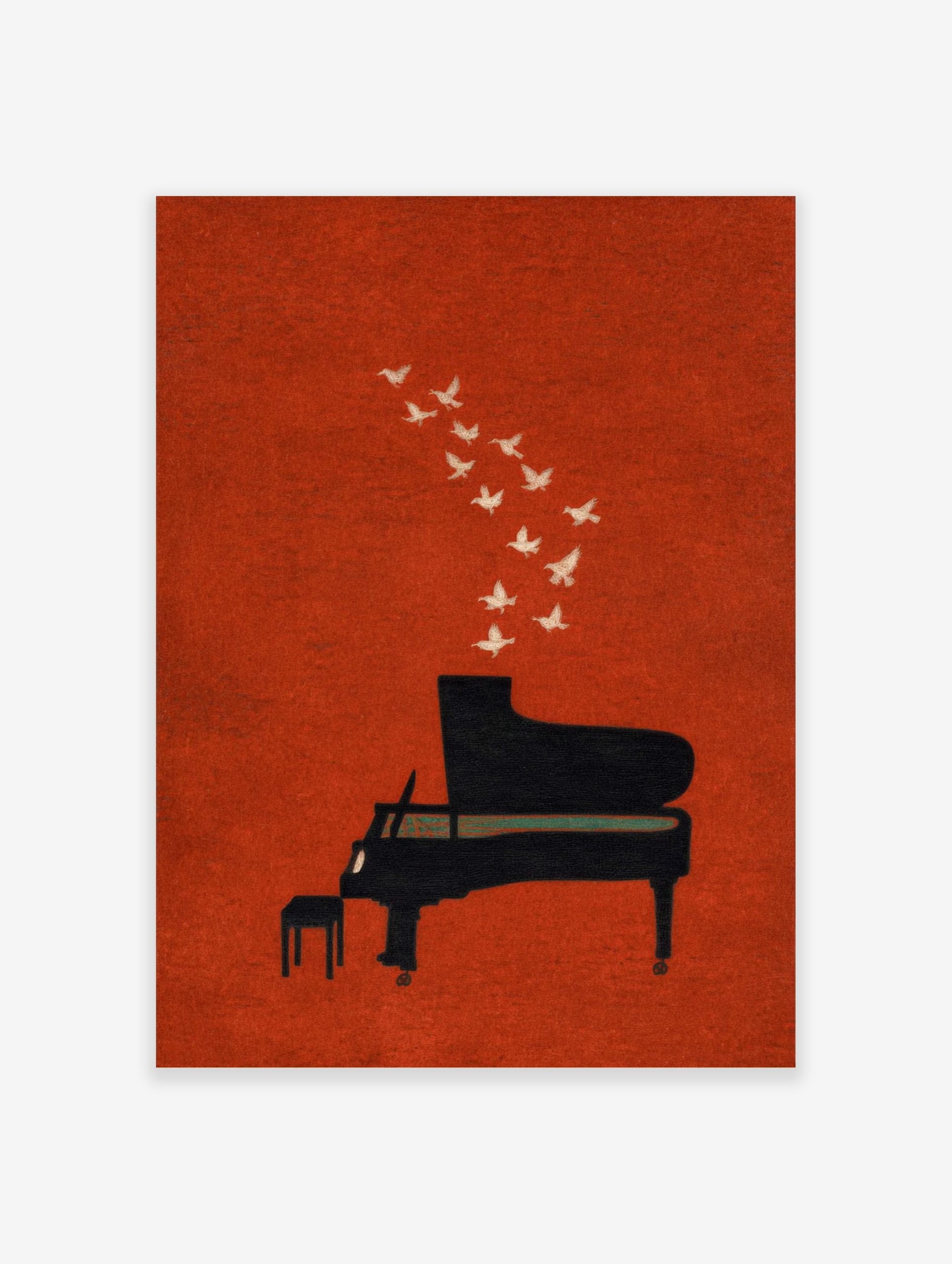 Black grand piano with white doves flying out, against a textured burnt orange background art print