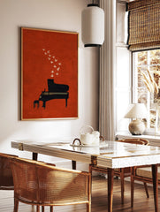 Black grand piano with white doves flying out, against a textured burnt orange background art print, in a styled room mockup